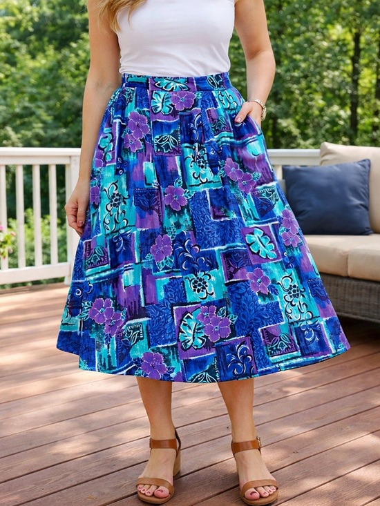 Jessica Dresses & Skirts - Vintage Jessica Scott Blue & Purple Floral Skirt with pockets spring time